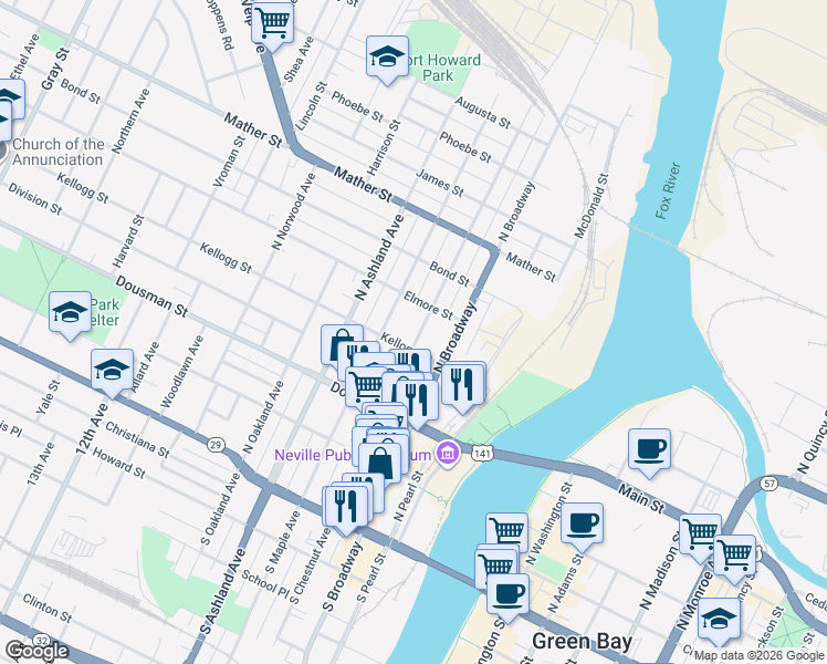 map of restaurants, bars, coffee shops, grocery stores, and more near 411 North Chestnut Avenue in Green Bay