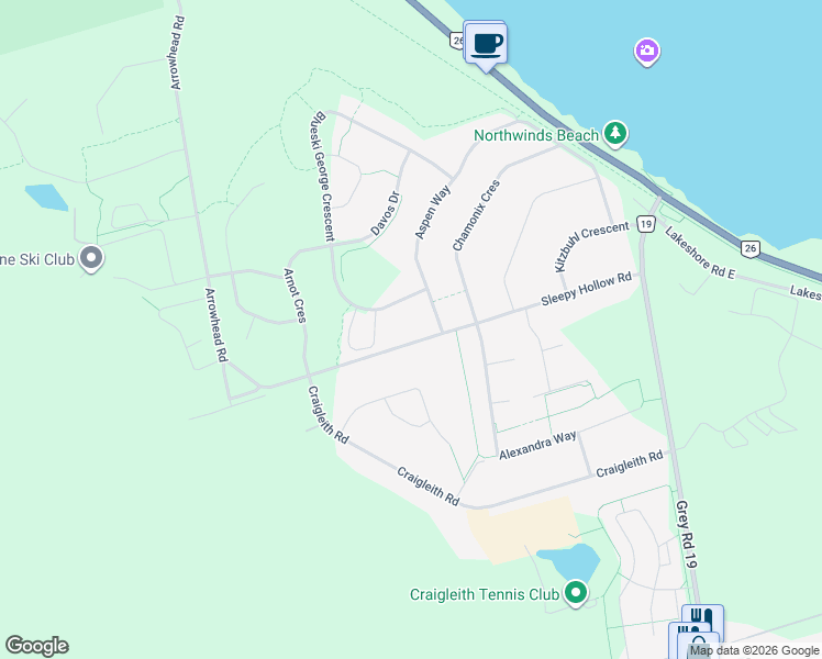map of restaurants, bars, coffee shops, grocery stores, and more near 224 Blueski George Crescent in Grey County