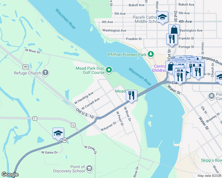 map of restaurants, bars, coffee shops, grocery stores, and more near 1132 West River Drive in Stevens Point