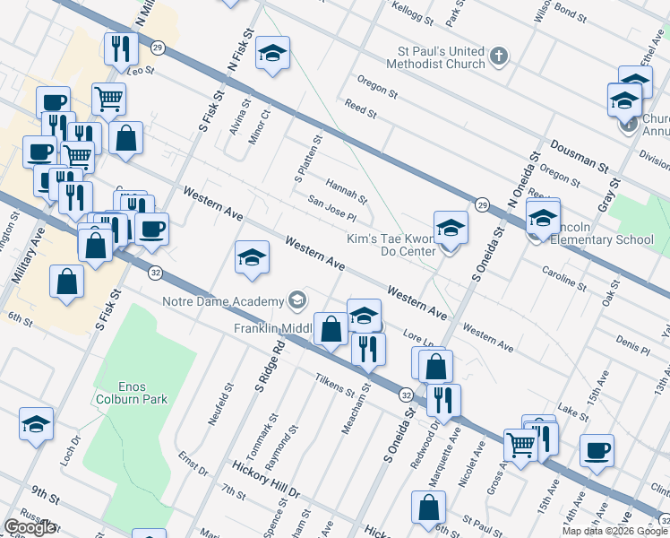 map of restaurants, bars, coffee shops, grocery stores, and more near 402 Maryhill Drive in Green Bay