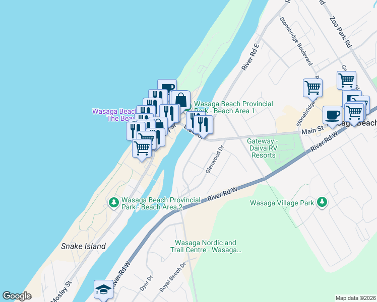 map of restaurants, bars, coffee shops, grocery stores, and more near 40 River Avenue Crescent in Wasaga Beach