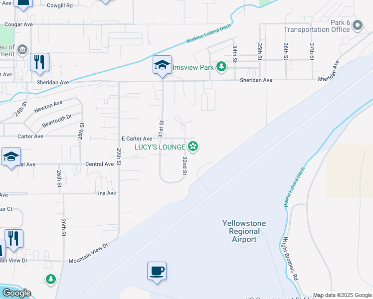 map of restaurants, bars, coffee shops, grocery stores, and more near 1614 32nd Street in Cody