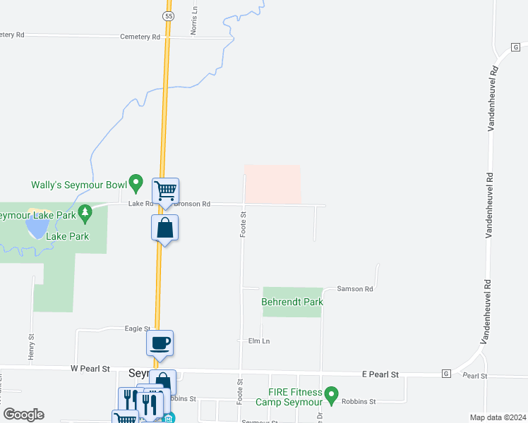 map of restaurants, bars, coffee shops, grocery stores, and more near 552 East Bronson Road in Seymour