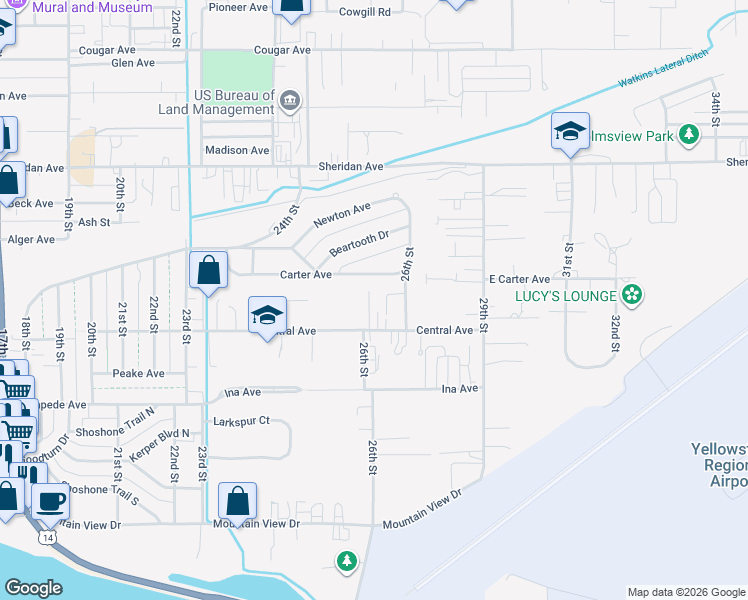 map of restaurants, bars, coffee shops, grocery stores, and more near 1532 Stella Court in Cody