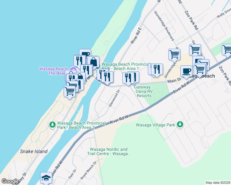 map of restaurants, bars, coffee shops, grocery stores, and more near 24 Glenwood Drive in Wasaga Beach