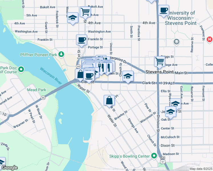 map of restaurants, bars, coffee shops, grocery stores, and more near 1408 Strongs Avenue in Stevens Point