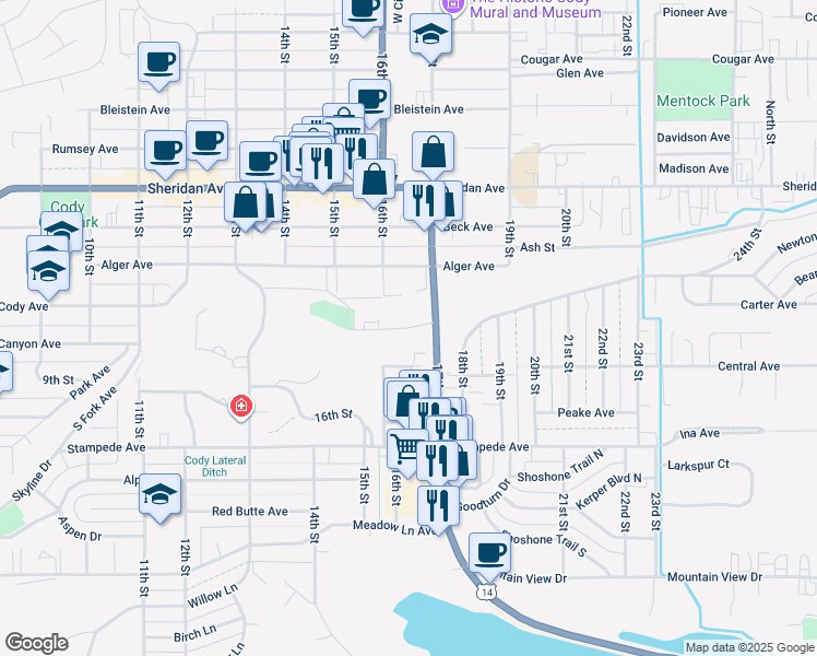map of restaurants, bars, coffee shops, grocery stores, and more near 1632 Draw Street in Cody