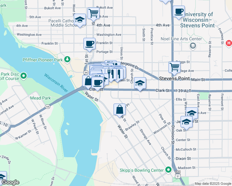 map of restaurants, bars, coffee shops, grocery stores, and more near 1101 Ellis Street in Stevens Point