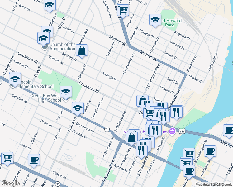 map of restaurants, bars, coffee shops, grocery stores, and more near 303 North Greenwood Avenue in Green Bay