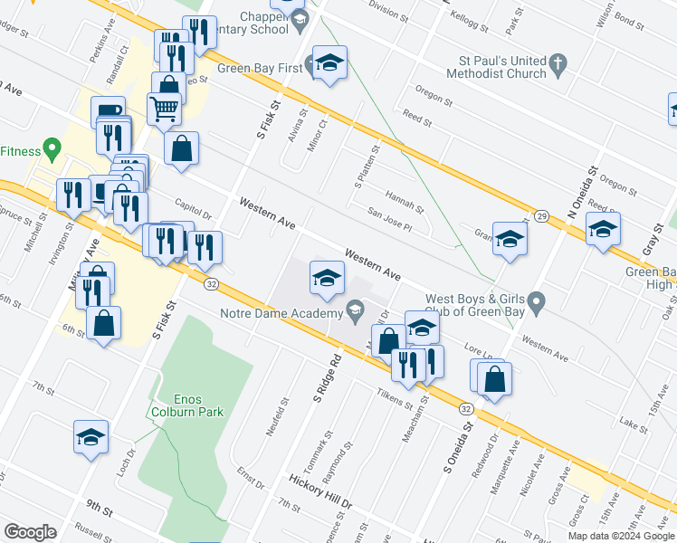 map of restaurants, bars, coffee shops, grocery stores, and more near 610 Maryhill Drive in Green Bay