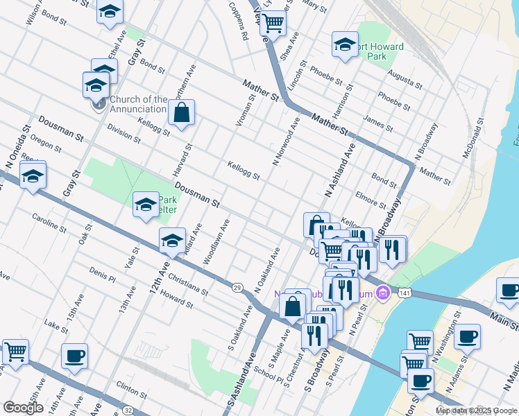 map of restaurants, bars, coffee shops, grocery stores, and more near 303 North Greenwood Avenue in Green Bay