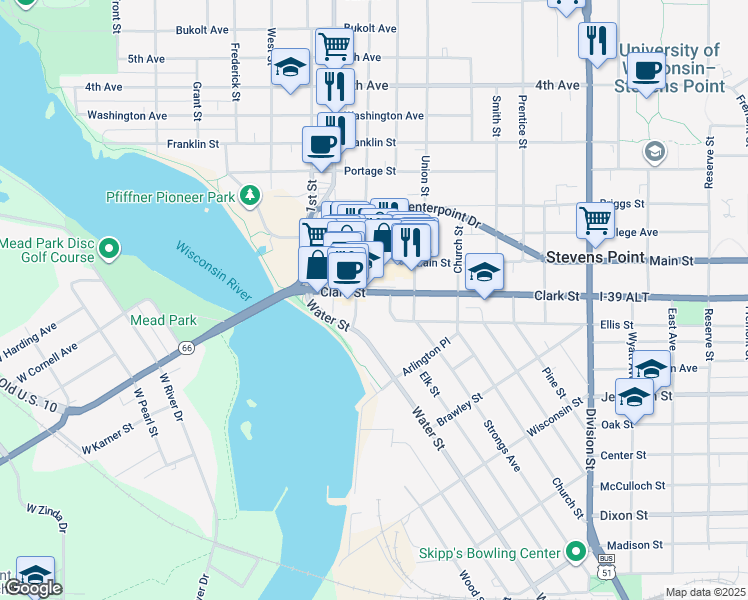 map of restaurants, bars, coffee shops, grocery stores, and more near 1025 Clark Street in Stevens Point