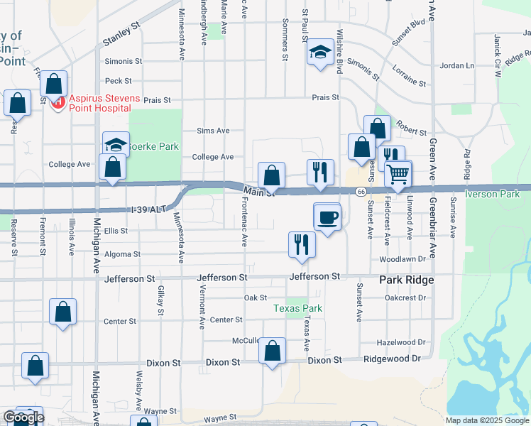 map of restaurants, bars, coffee shops, grocery stores, and more near 3100 Ellis Street in Stevens Point