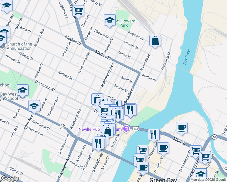 map of restaurants, bars, coffee shops, grocery stores, and more near 520 Elmore Street in Green Bay
