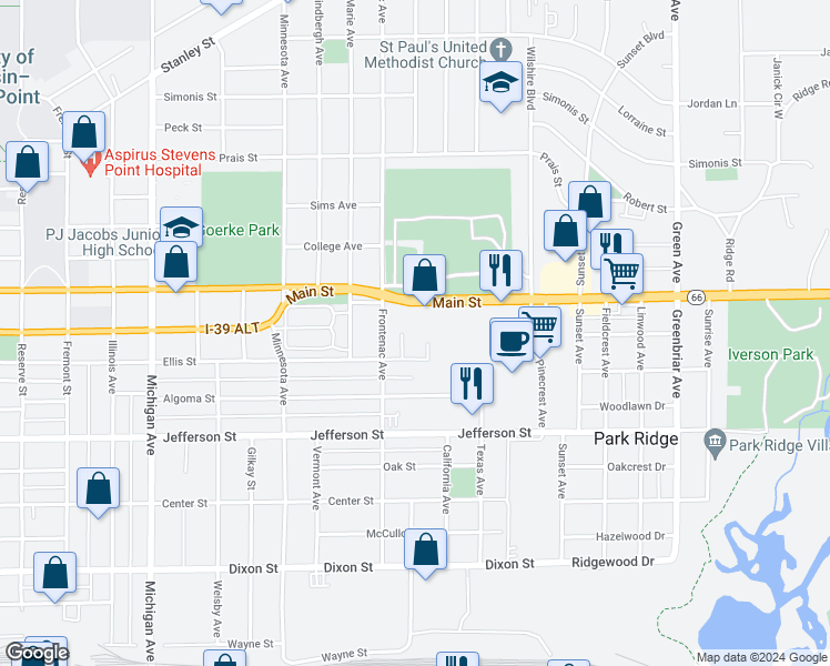 map of restaurants, bars, coffee shops, grocery stores, and more near 3125 Main Street in Stevens Point