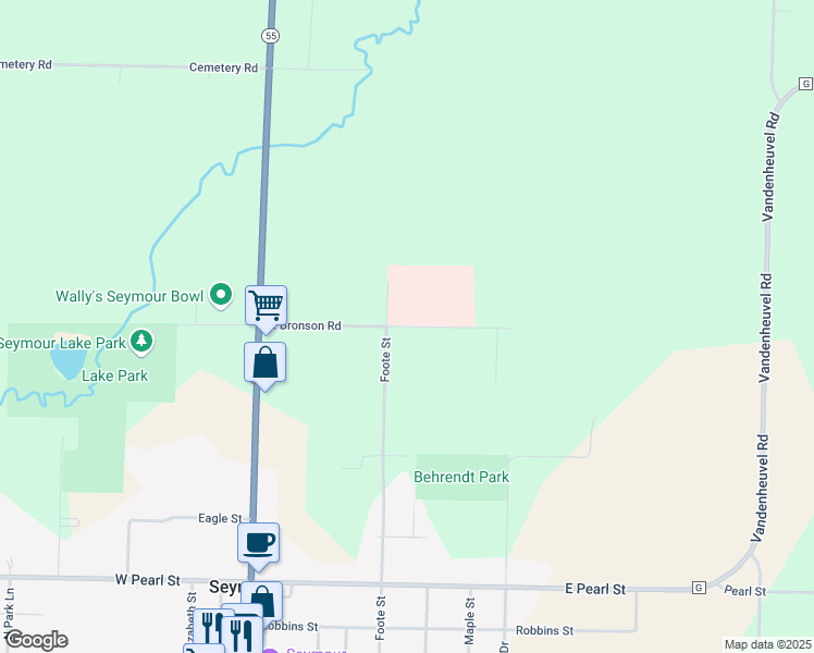 map of restaurants, bars, coffee shops, grocery stores, and more near 532 East Bronson Road in Seymour