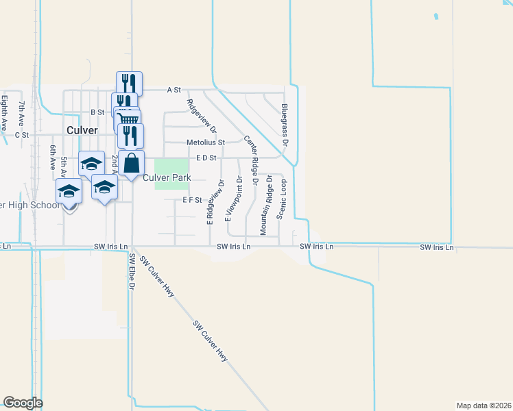 map of restaurants, bars, coffee shops, grocery stores, and more near 619 Mountain Ridge Drive in Culver