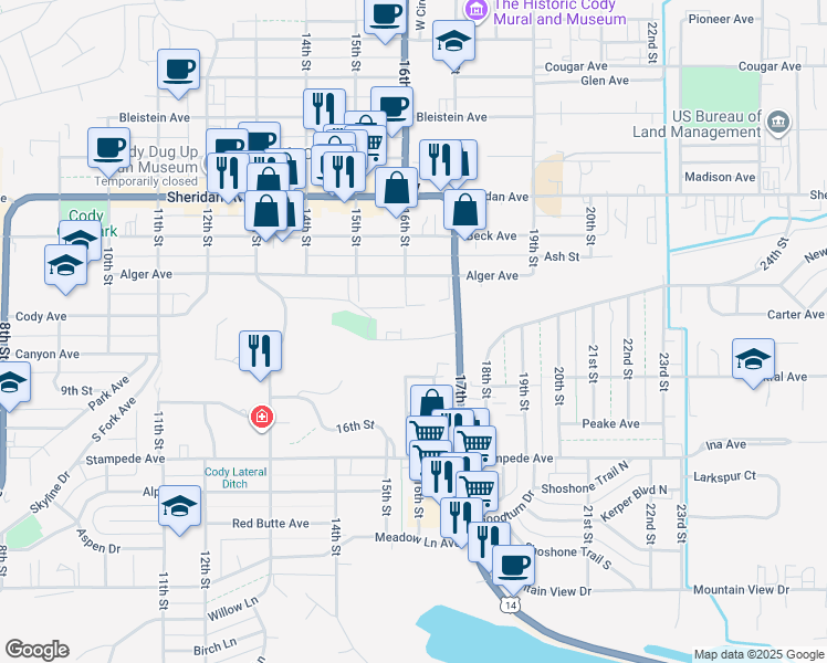 map of restaurants, bars, coffee shops, grocery stores, and more near 1320 16th Street in Cody