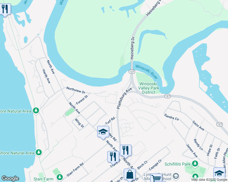 map of restaurants, bars, coffee shops, grocery stores, and more near 300 Plattsburg Avenue in Burlington