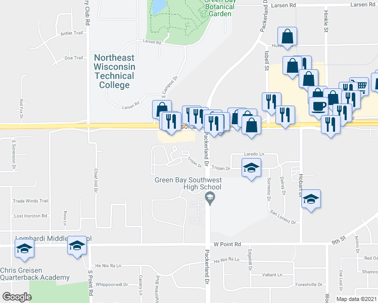 map of restaurants, bars, coffee shops, grocery stores, and more near 2641 West Mason Street in Green Bay