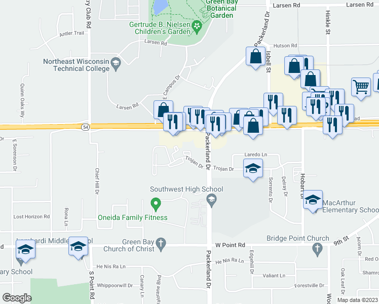 map of restaurants, bars, coffee shops, grocery stores, and more near 2641 West Mason Street in Green Bay