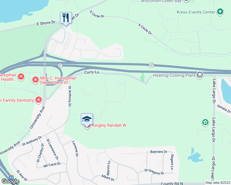 map of restaurants, bars, coffee shops, grocery stores, and more near 3030 Curry Lane in Green Bay