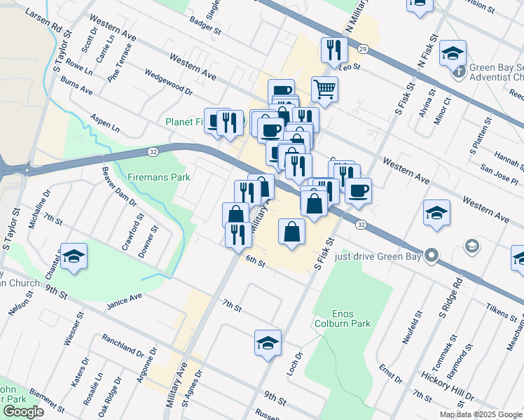 map of restaurants, bars, coffee shops, grocery stores, and more near 724 Military Avenue in Green Bay