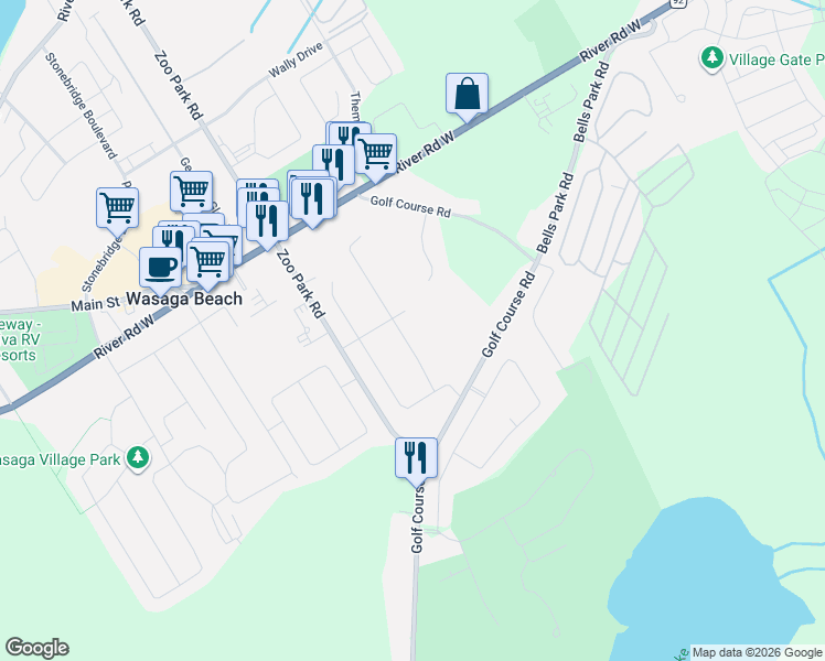map of restaurants, bars, coffee shops, grocery stores, and more near 63 Wesley Avenue in Wasaga Beach