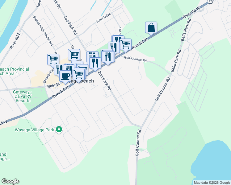 map of restaurants, bars, coffee shops, grocery stores, and more near 13 Christy Drive in Wasaga Beach