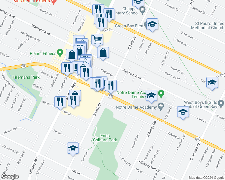 map of restaurants, bars, coffee shops, grocery stores, and more near 1459 Admiral Court in Green Bay