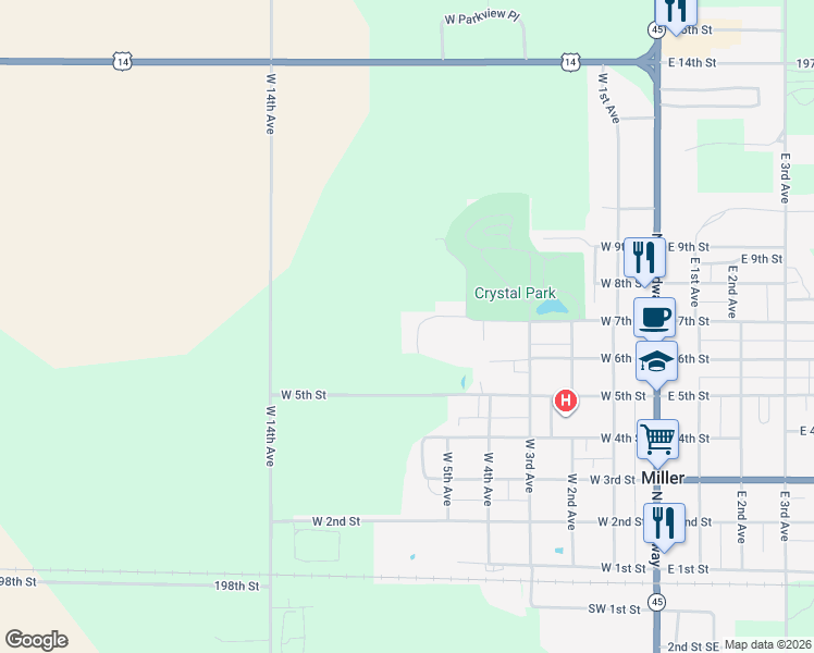 map of restaurants, bars, coffee shops, grocery stores, and more near 633 West 7th Street in Miller