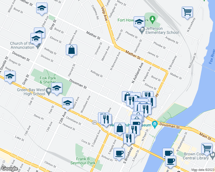 map of restaurants, bars, coffee shops, grocery stores, and more near 324 North Norwood Avenue in Green Bay