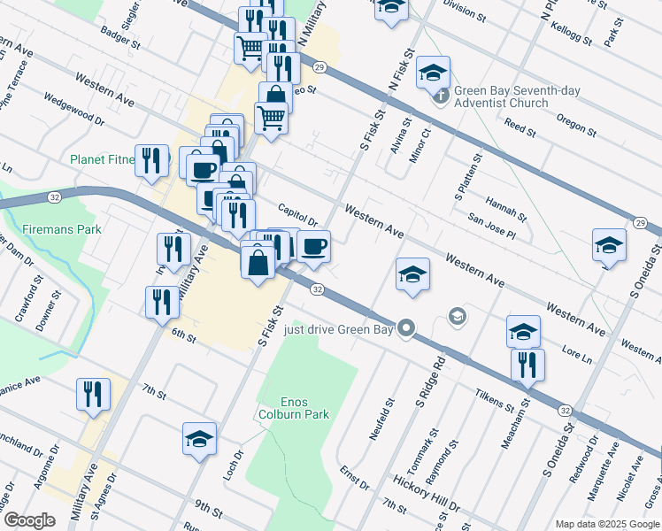 map of restaurants, bars, coffee shops, grocery stores, and more near 507 South Fisk Street in Green Bay