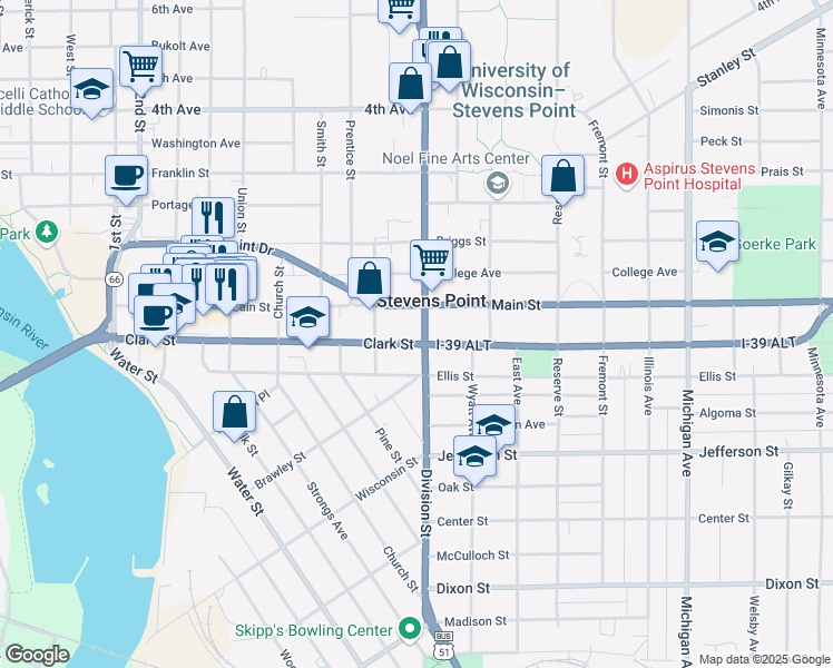 map of restaurants, bars, coffee shops, grocery stores, and more near 1650 Clark Street in Stevens Point