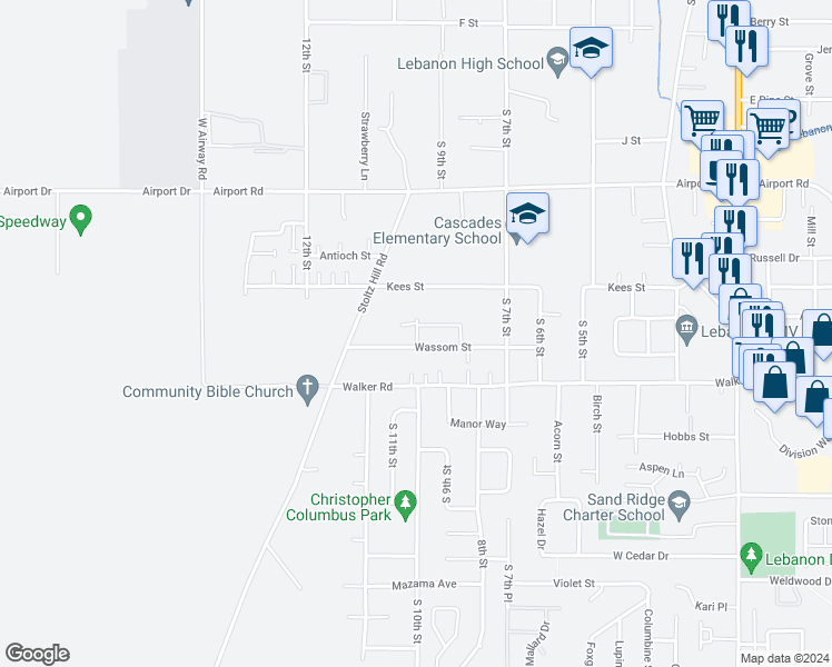 map of restaurants, bars, coffee shops, grocery stores, and more near 933 Wassom Street in Lebanon