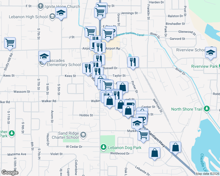 map of restaurants, bars, coffee shops, grocery stores, and more near 2454 Primrose Street in Lebanon
