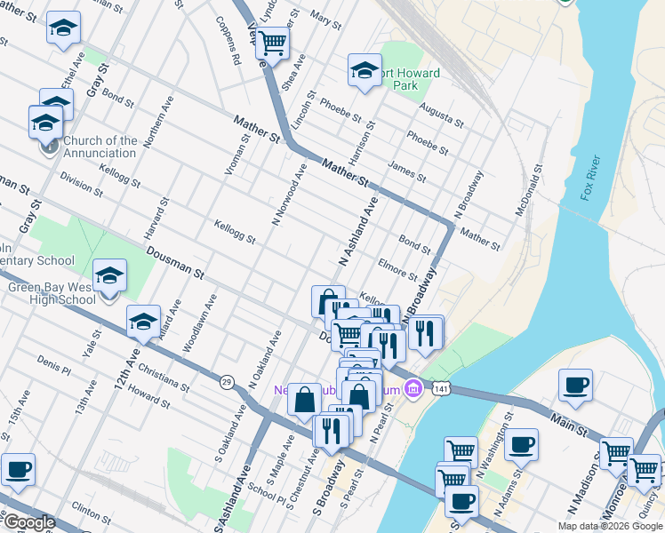 map of restaurants, bars, coffee shops, grocery stores, and more near 410 North Oakland Avenue in Green Bay