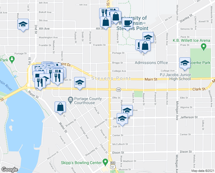 map of restaurants, bars, coffee shops, grocery stores, and more near 1650 Clark Street in Stevens Point