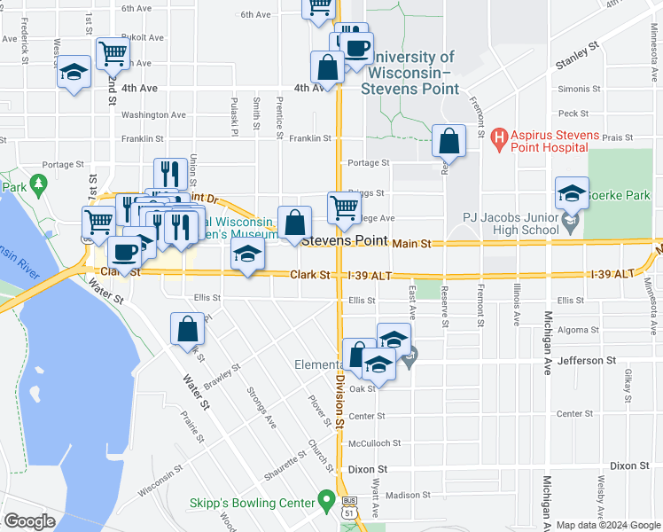 map of restaurants, bars, coffee shops, grocery stores, and more near 1649 Main Street in Stevens Point