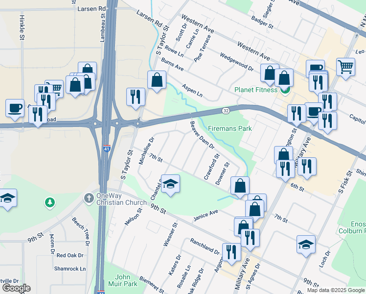 map of restaurants, bars, coffee shops, grocery stores, and more near 1016 Chantel Street in Green Bay