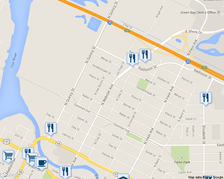 map of restaurants, bars, coffee shops, grocery stores, and more near 1000 Klaus Street in Green Bay