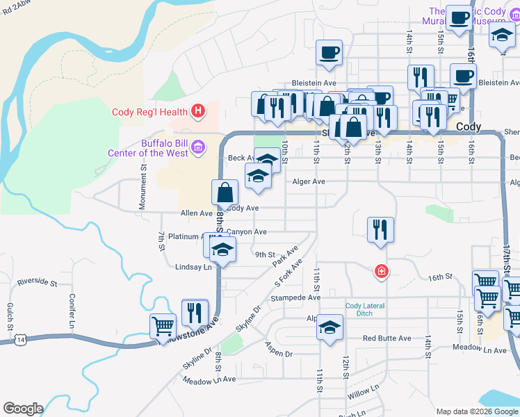 map of restaurants, bars, coffee shops, grocery stores, and more near 1401 9th Street in Cody