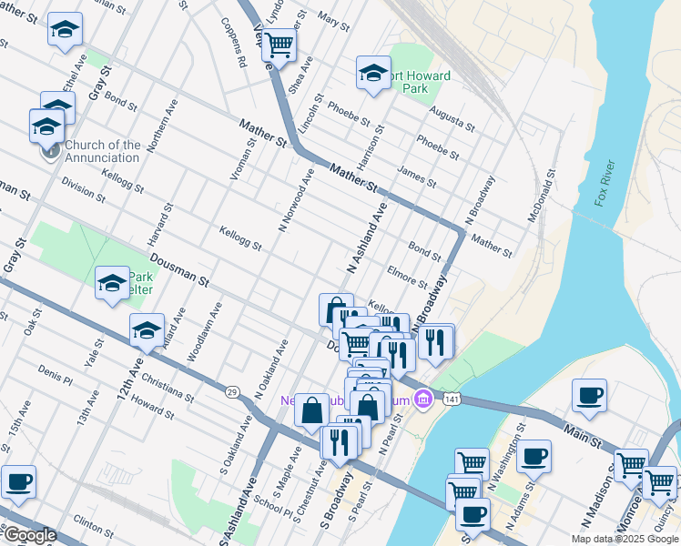 map of restaurants, bars, coffee shops, grocery stores, and more near 410 North Oakland Avenue in Green Bay