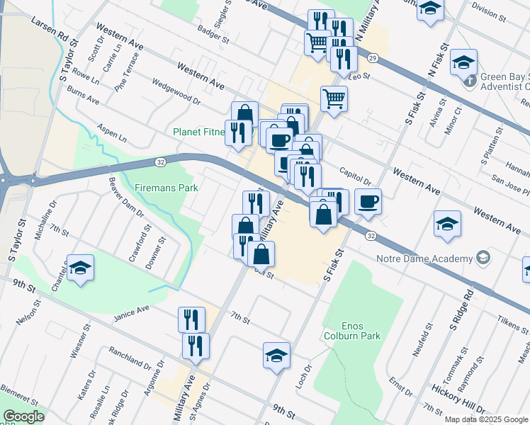 map of restaurants, bars, coffee shops, grocery stores, and more near 724 South Military Avenue in Green Bay