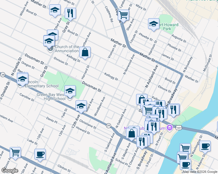 map of restaurants, bars, coffee shops, grocery stores, and more near 871 Division Street in Green Bay