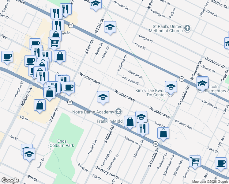 map of restaurants, bars, coffee shops, grocery stores, and more near 1341 Western Avenue in Green Bay