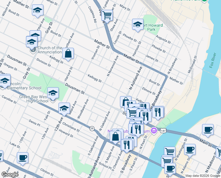 map of restaurants, bars, coffee shops, grocery stores, and more near 816 Kellogg Street in Green Bay