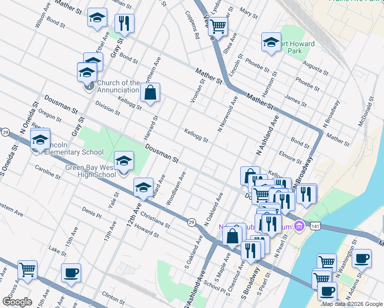 map of restaurants, bars, coffee shops, grocery stores, and more near 871 Division Street in Green Bay
