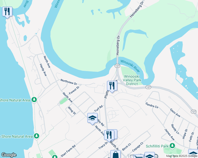 map of restaurants, bars, coffee shops, grocery stores, and more near 300 Plattsburg Avenue in Burlington