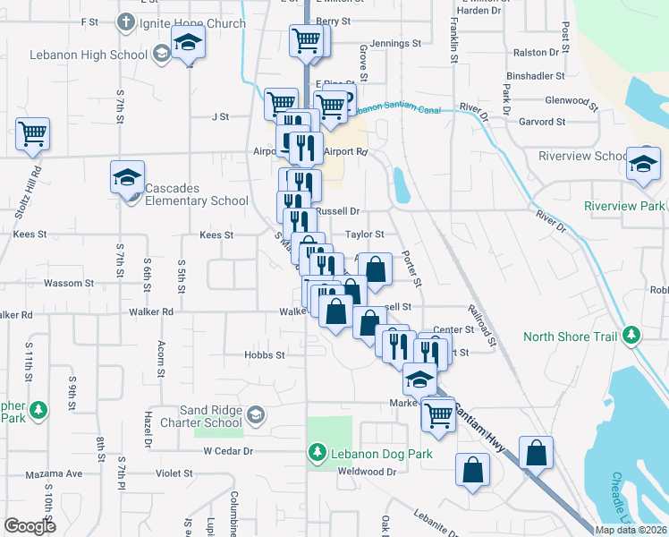 map of restaurants, bars, coffee shops, grocery stores, and more near 2454 Primrose Street in Lebanon